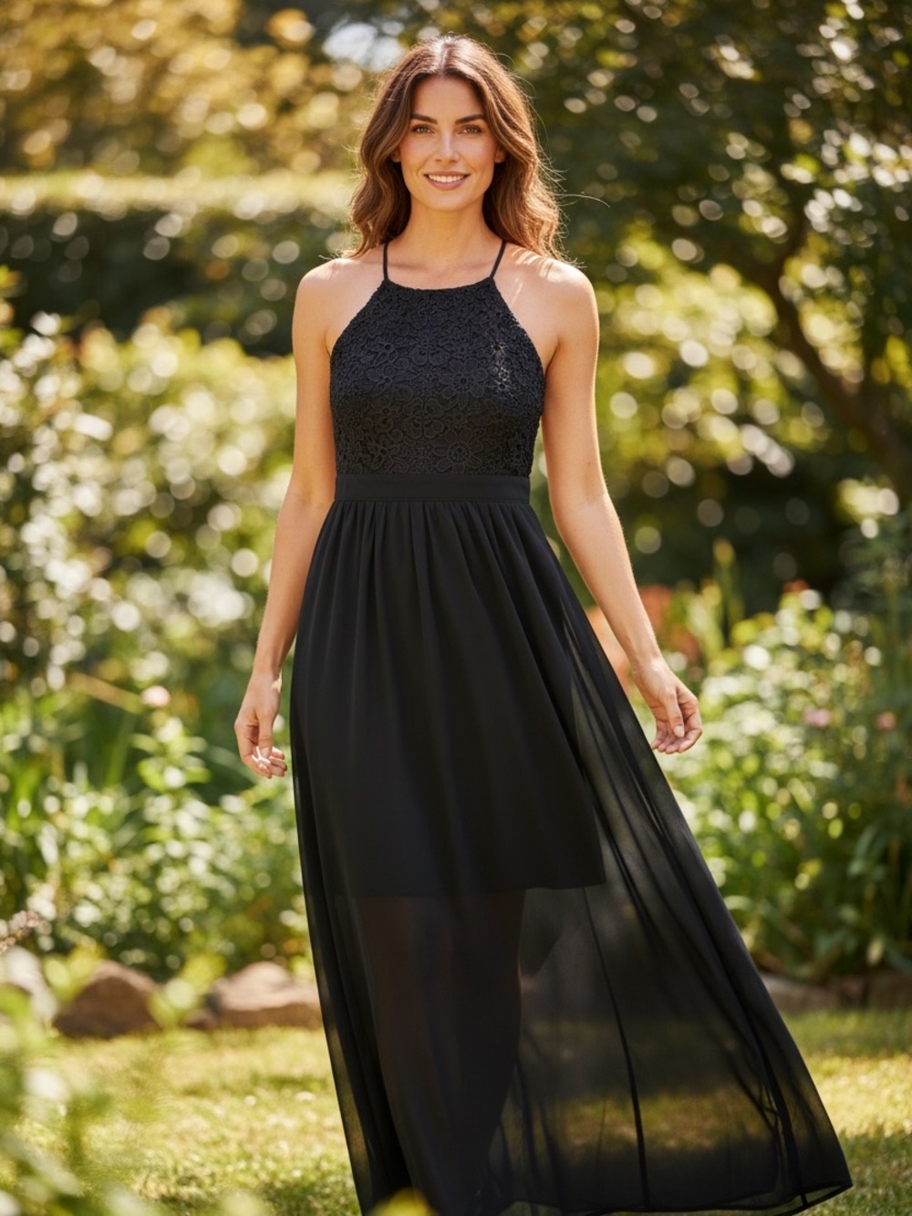 Double Zero Black Lace & Chiffon Maxi Dress - Picture 2 of 9